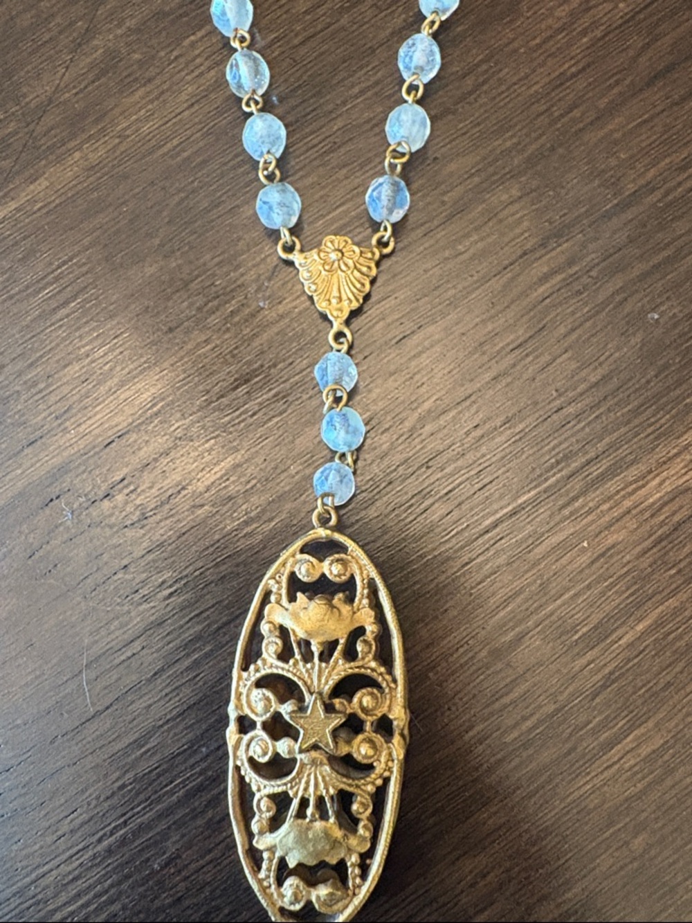 Gold Filigree Pendant Necklace with Light Blue Beads - Women Jewelry